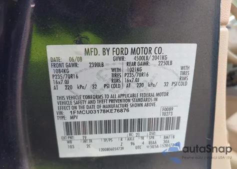 2008 Ford Escape Xlt from USA, damaged, VIN 1FMCU03178KE76876